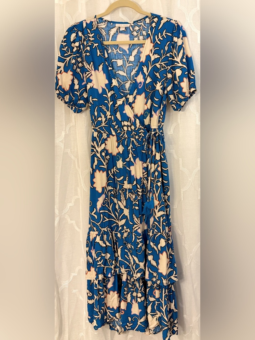 Knox Rose Blue Floral Wrap Dress Boho Ruffle Tie Waist Midi Dress Size Medium